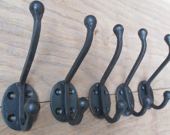 PACK OF 5 Handforged style cast iron rustic traditional retro vintage old victorian hat & coat hooks Black wax