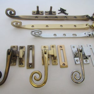CURLY SOLID BRASS  Vintage Victorian old cottage rustic style Window casement arm Stay fasteners Monkey tail fitting