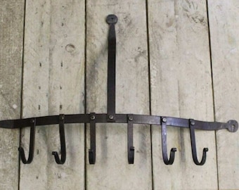 Hand forged Blacksmith Country cottage vintage rustic Kitchen utensil pot pan hook rail rack holder