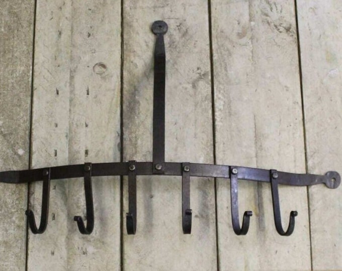 Hand forged Blacksmith Country cottage vintage rustic Kitchen utensil pot pan hook rail rack holder