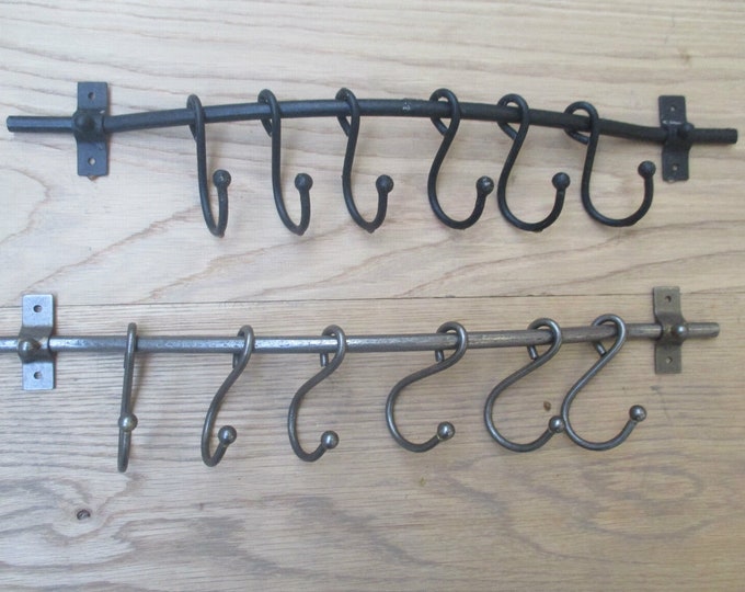 Rustic iron kitchen sliding hooks old English Hand forged Blacksmith Country cottage vintage rustic Kitchen utensil pot pan rail rack holder