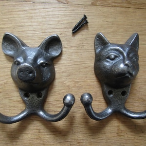Cast iron rustic vintage farmhouse country cottage animal hooks pegs coat hook key leash hanging hook PIG/CAT HEAD Hooks Antique iron