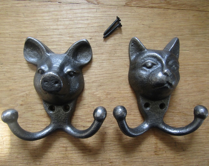 Cast iron rustic vintage farmhouse country cottage animal hooks pegs coat hook key leash hanging hook PIG/CAT HEAD Hooks Antique iron