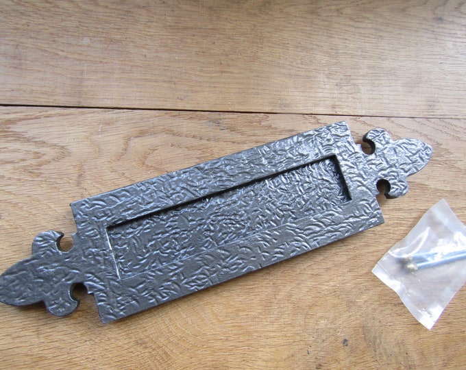 Rustic iron letter plate FLEUR DE LYS  sprung Victorian door letter plate letter box postal plate cover Antique iron finish