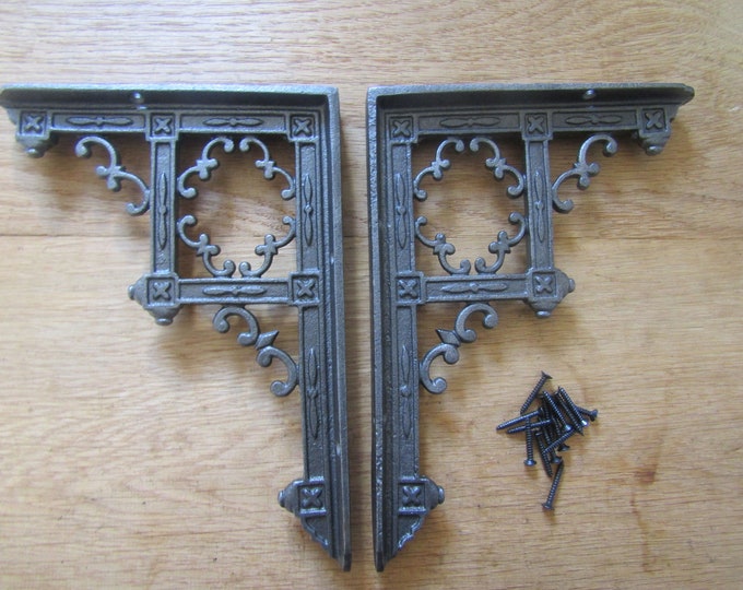 PAIR of  MEDIEVAL BASILICA gothic cast iron shelf brackets Scaffold vintage old rustic wall shelf support brackets Shelving bracket antique