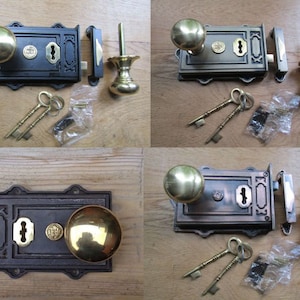 Cast iron rustic vintage Victorian old English style door rim lock latch rim knob door handles set period home