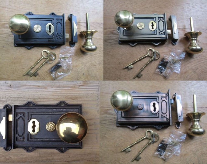 Cast iron rustic vintage Victorian old English style door rim lock latch rim knob door handles set period home