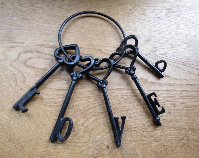 Rustic Jailer hanging LOVE keys Old vintage victorian style ornate fancy rustic old cast iron garden decorative ornamental door hanging keys