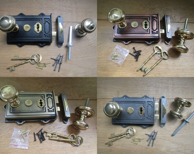 Cast iron rustic vintage Victorian old English style door rim lock latch rim knob door handles set period home