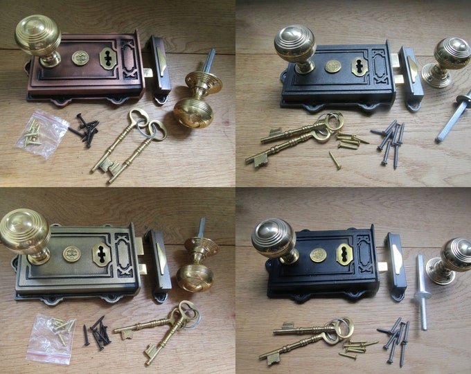 Cast iron rustic vintage Victorian old English style door rim lock latch rim knob door handles set period home