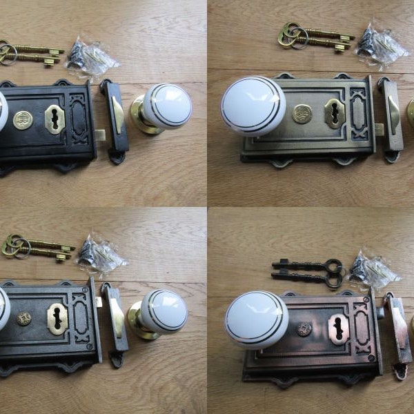 Cast iron rustic vintage Victorian old English style door rim lock latch rim knob door handles set period home