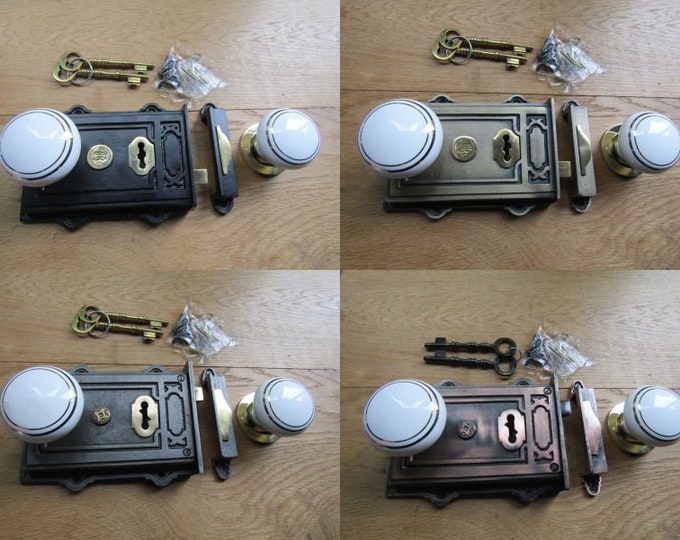 Cast iron rustic vintage Victorian old English style door rim lock latch rim knob door handles set period home