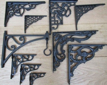 PAIR of CAST IRON Black Antique shelf brackets Scaffold vintage old rustic wall shelf support brackets Shelving bracket