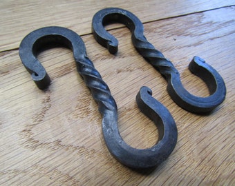 PAIR of Hand forged blacksmith rustic iron twisted Kitchen pot pan sliding hook Utensil hanger S hooks Black Beeswax finish