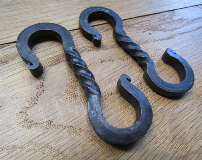 PAIR of Hand forged blacksmith rustic iron twisted Kitchen pot pan sliding hook Utensil hanger S hooks Black Beeswax finish