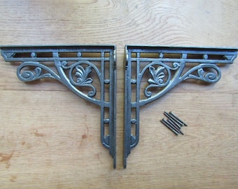 PAIR of GLAMORGAN cast iron Scaffold vintage old rustic wall shelf support brackets Shelving bracket