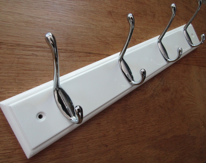 WHITE GLOSS 4 HOOK Board Modern wooden  Hat and coat hooks rack hanger rail pegs
