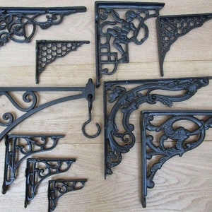 PAIR of CAST IRON Black Antique shelf brackets Scaffold vintage old rustic wall shelf support brackets Shelving bracket