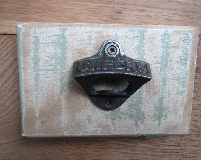 Distressed wooden plaque with Bottle Opener cast iron rustic vintage wall mounted beer soda bottle opener country kitchen bar farmhouse gift