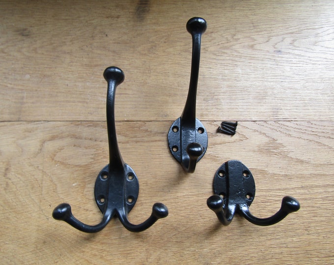 Rustic iron coat hooks JUMBO VICTORIAN traditional retro vintage old victorian hat and coat Triple Double robe hook Black Antique