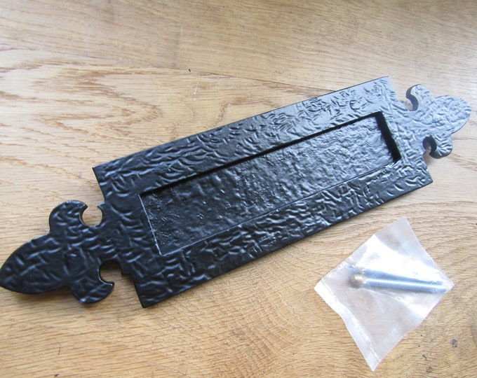 Rustic iron letter plate FLEUR DE LYS  sprung Victorian door letter plate letter box postal plate cover Black Antique finish