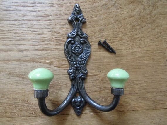 CERAMIC FRENCH BALL Tip Cast Iron Shabby Chic Rustic Ornate Decorative  Vintage Traditional Retro Country Cottage Bedroom Double Coat Hook 