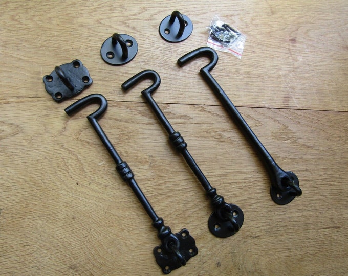 BLACK ANTIQUE rustic Cast Iron vintage Cabin Hook and Eye Door Latch Lock Holder
