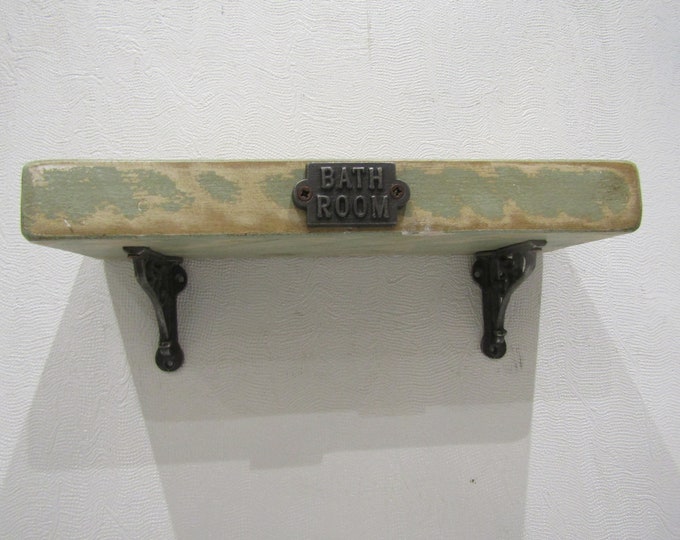 Handmade BATHROOM wooden shelf with cast iron victorian scroll brackets Vintage Rustic iron Garden green washed rough sawn pine shelf