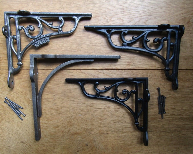 PAIR OF scaffold Shelf brackets rustic vintage retro cast iron industrial gallows Railway Victorian scroll