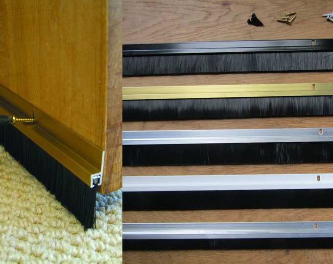 ALUMINIUM METAL Draught Excluder Bottom Door Brush Sweep Heat Seal Strip Energy Savings Brushed Brass/Silver/White/Black