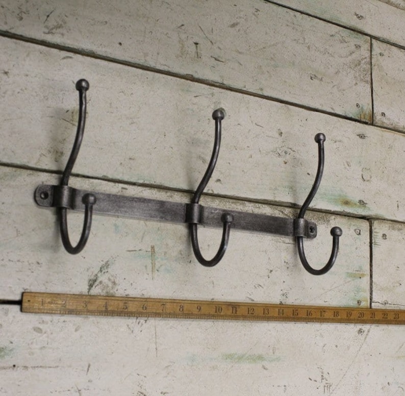 Vintage industrial Hand Forged style metal coat hook rail rack peg hanger distressed patina iron finish 3 HOOK RAIL -412MM