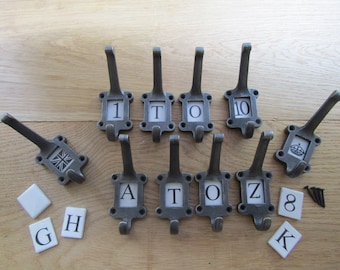 ANTIQUE IRON Cast iron label with ceramic inserts hat & coat hooks vintage rustic shabby chic industrial Letters/Alphabet/Numbers/Signs