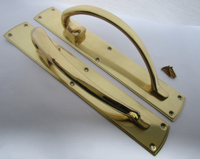 PAIR of Large WINDSOR PULL Handle On Plate Solid brass Finger plate Ornate victorian Vintage pub café hotel traditional door handle Brass