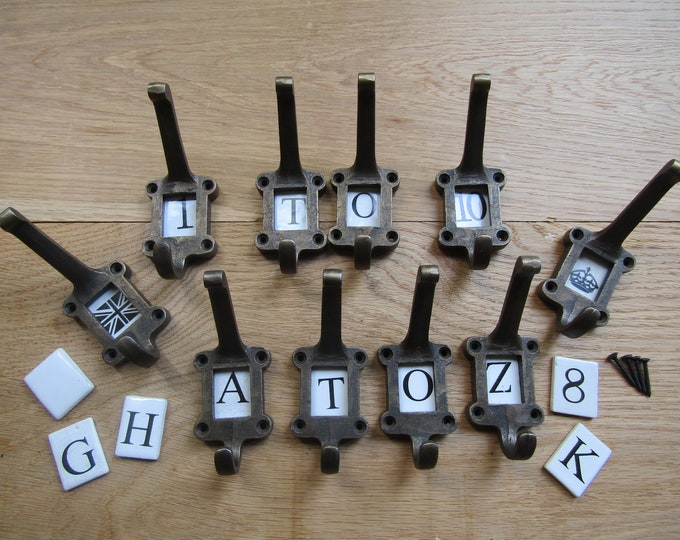 ANTIQUE BRASS Cast iron label with ceramic inserts hat & coat hooks vintage rustic shabby chic industrial Letters/Alphabet/Numbers/Signs