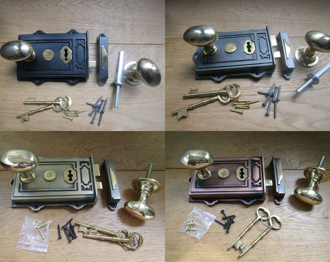Cast iron rustic vintage Victorian old English style door rim lock latch rim knob door handles set period home