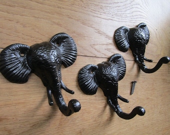 Pack of 3 ELEPHANT HEAD TRUNK African/Indian safari ethnic Hook rustic old vintage hanging key coat hook peg hanger