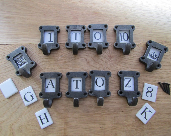 ANTIQUE IRON Cast iron label with ceramic inserts ROBE single coat hooks vintage rustic shabby chic industrial Letters/Alphabet/Numbers/Sign