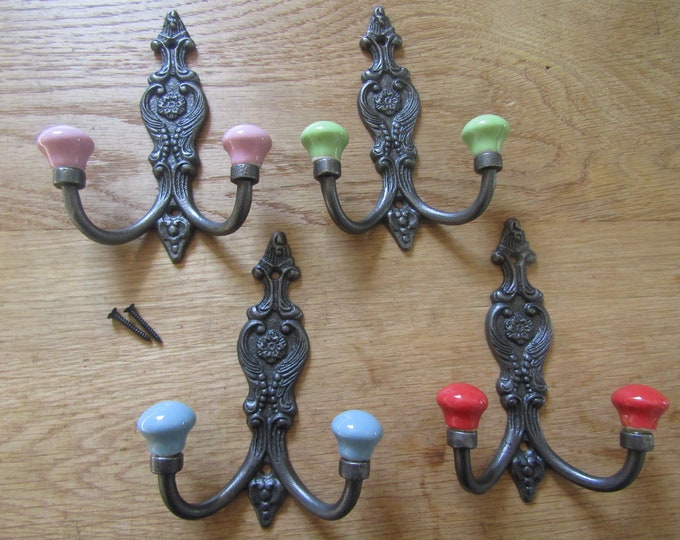 CERAMIC FRENCH BALL tip Cast iron shabby chic Rustic ornate decorative vintage traditional retro country cottage bedroom double coat hook