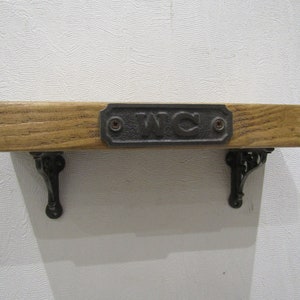 Handmade WC washroom Toilet wooden shelf with cast iron victorian scroll brackets Vintage Rustic Antique waxed rough sawn pine shelf