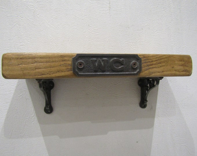 Handmade WC washroom Toilet wooden shelf with cast iron victorian scroll brackets Vintage Rustic Antique waxed rough sawn pine shelf