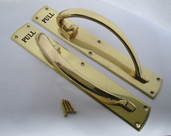PAIR of Large WINDSOR PULL Handle On Plate Solid brass Finger plate Ornate victorian Vintage pub café hotel traditional door handle Brass