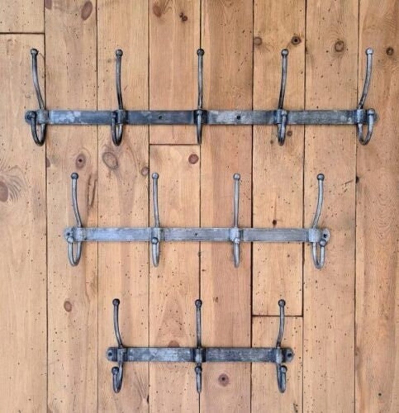 Vintage industrial Hand Forged style metal coat hook rail rack peg hanger distressed patina iron finish image 1