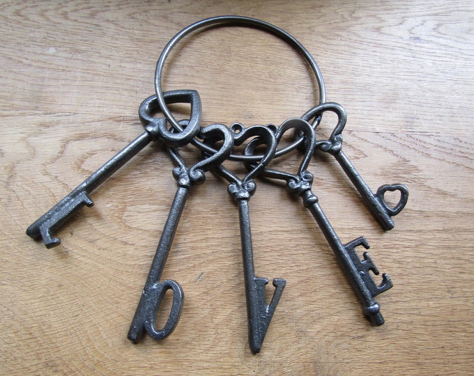 Rustic Jailer hanging LOVE keys Old vintage victorian style ornate fancy rustic old cast iron garden decorative ornamental door hanging keys
