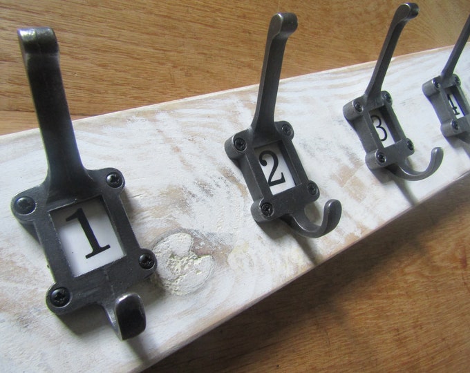 Hand made wooden coat rustic hook rail rack peg hanger Vintage industrial Reclaimed rough sawn pine whitewashed cast iron Label insert hooks