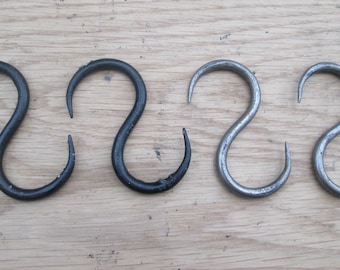 PAIR of Hand forged blacksmith rustic iron Kitchen pot pan sliding hook Utensil hanger S hooks Black Wax or Antique iron finish