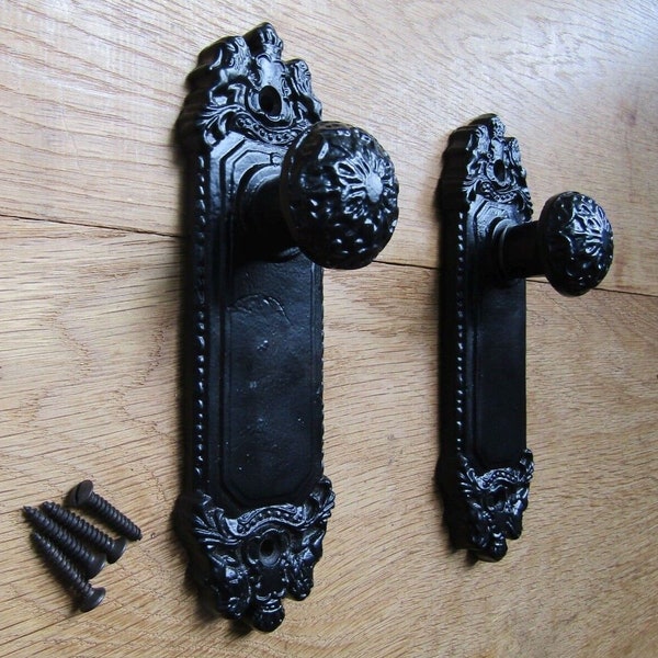 PAIR of Cast iron Rustic Vintage Victorian retro door knob hook shabby chic ornate fancy Decorative Door Latch hook peg hanger