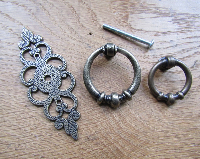 Antique brass ring pull cabinet metal cupboard furniture fittings old antique vintage handles upcycle