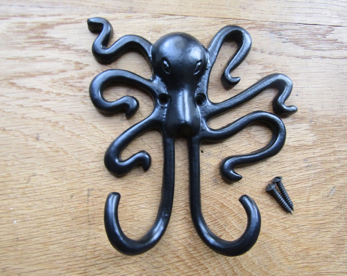 Rustic iron coat hook decorative Cast iron Rustic robe hook vintage old retro peg hanger NAUTICAL OCTOPUS Black antique