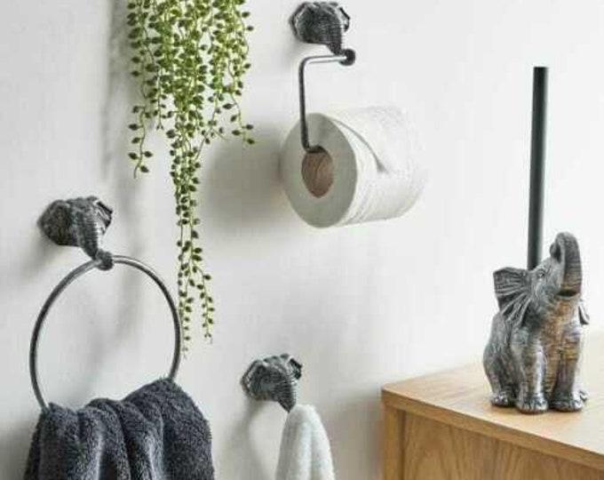 AFRICAN SAFARI ELEPHANT bathroom accessories grey toilet toll holder towel ring robe hook