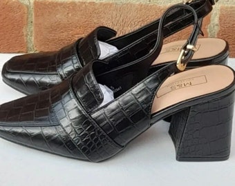 New Womens M&S Insolia UK 5 Black Moc Croc Slingback Block Heel Shoes RRP 35.00.